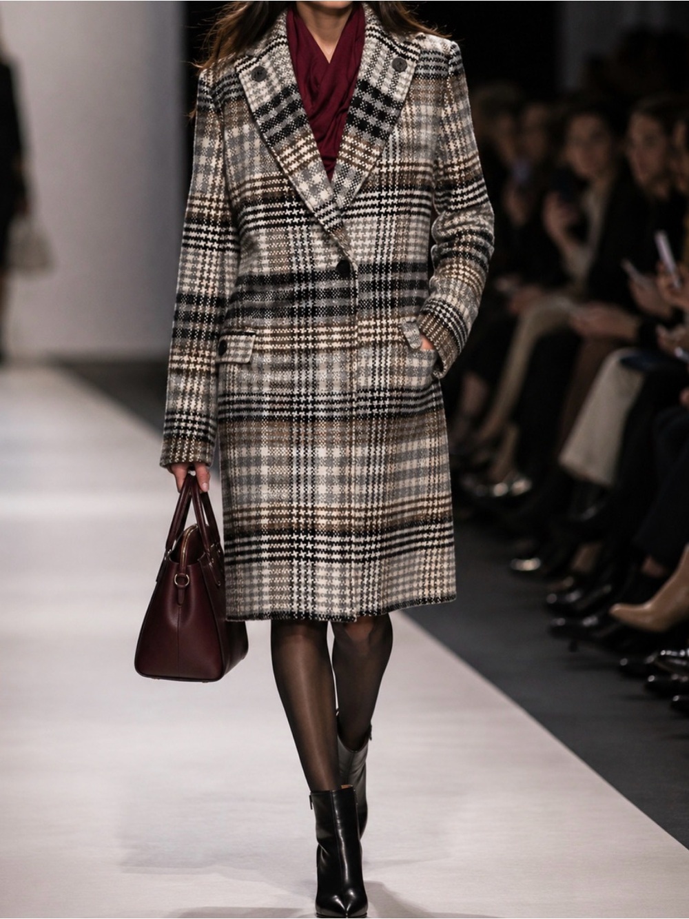 Express Plaid Wool Blend Coat with Burgundy Scarf